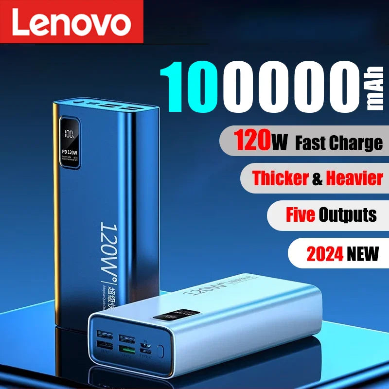 Lenovo 100000mAh High Capacity Power Bank 120W Fast Charging Powerbank Portable Battery Charger For iPhone Samsung Huawei