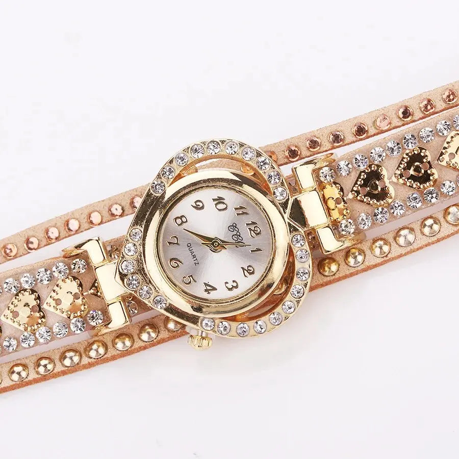 Retro Luxury Popular Diamond Winding Long Strap Peach Heart Bracelet Watch Women