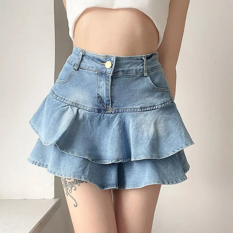 DEEPTOWN Vintage Denim Skirt Shorts Women Summer Korean Fashion High Waist A-line Slim Cute Sexy Mini Jean Ruffle Skirt Female