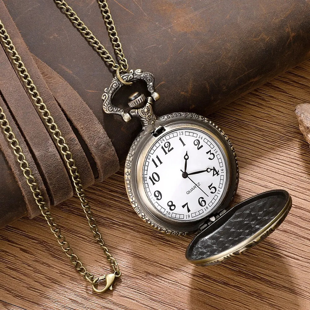 Pocket Watch Antique Steampunk Vintage Quartz Pocket Watch Rose Gold Case Necklace Pendant Clock Chain Mens Women