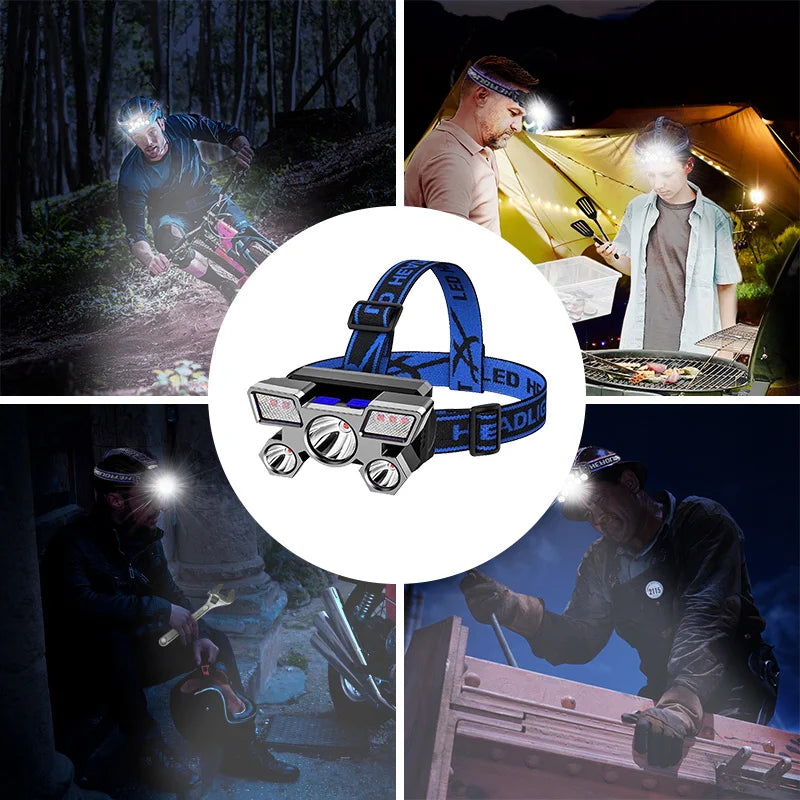 USB Rechargeable Headlamp Portable 5LED Headlight Built In Battery Torch Portable Working Light Fishing Camping Head Light For T