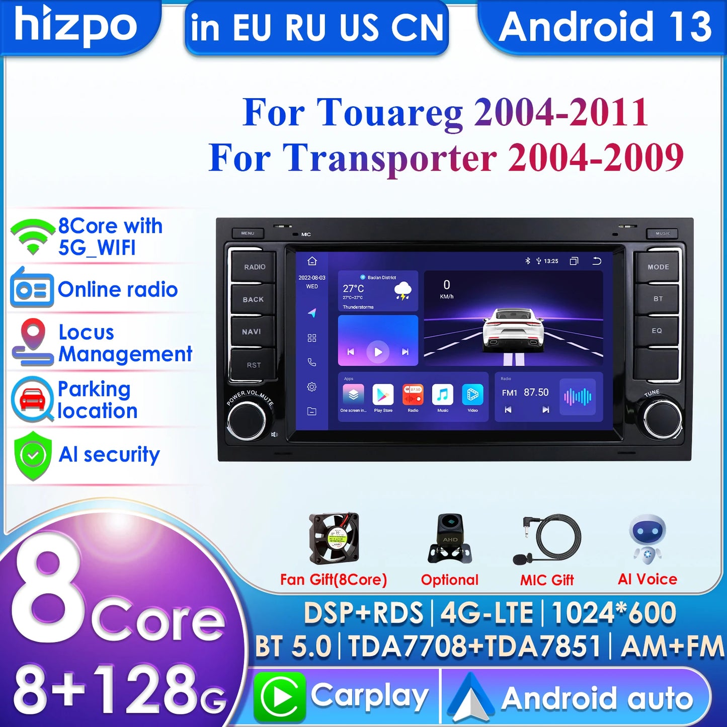 2din Android 13 Car Radio Multimedia Video Player for VW Volkswagen Touareg 2004 - 2011 Transporter Navigation GPS Carplay 4G BT