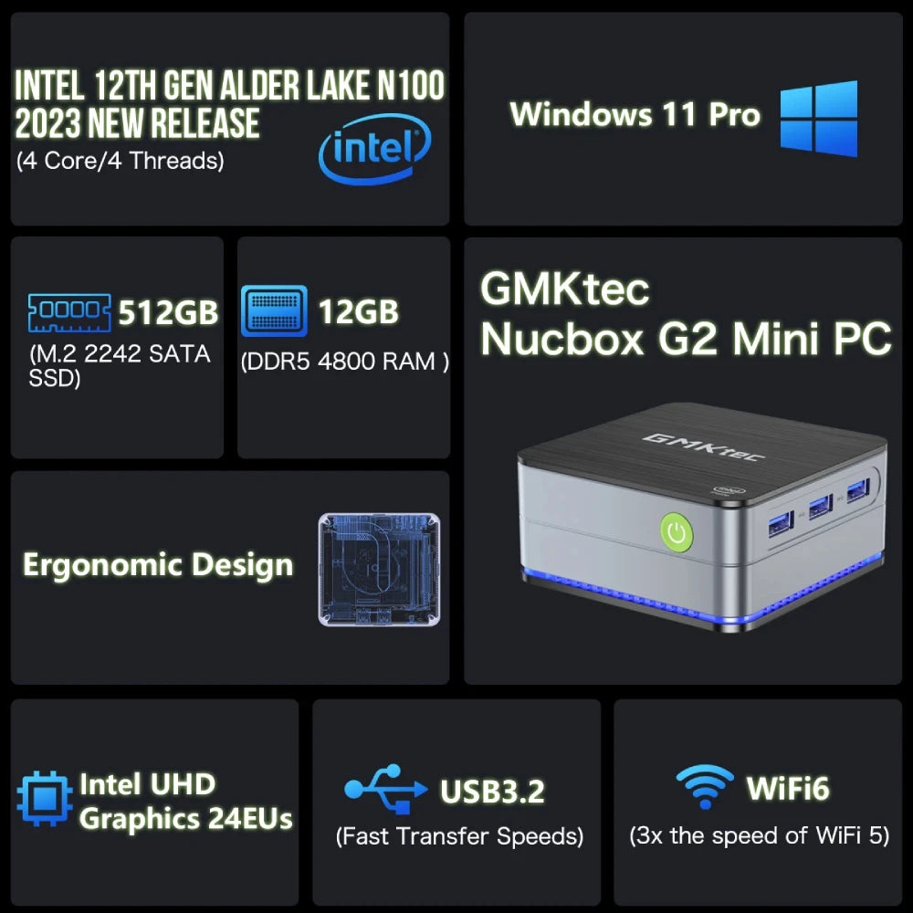 GMKtec G2 Mini PC Windows 11 Pro Intel 12th Gen Alder Lake N100 Mini PC DDR5 12GB RAM 512GB ROM WiFi 6 BT5.2 Desktop Computer