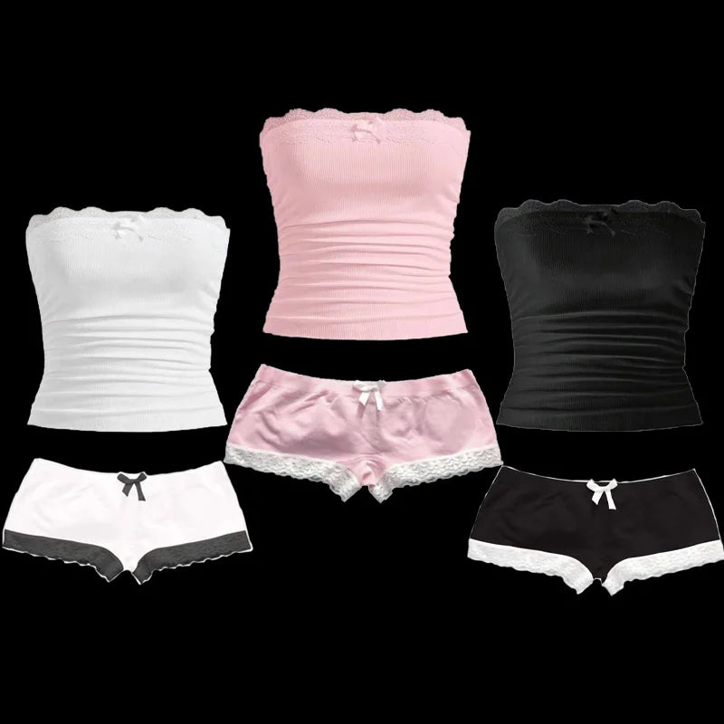 Y2K aesthetic solid color shorts suit sweet sexy emo girl Harajuku women tube top crop tops lace streetwear cute bow mini shorts