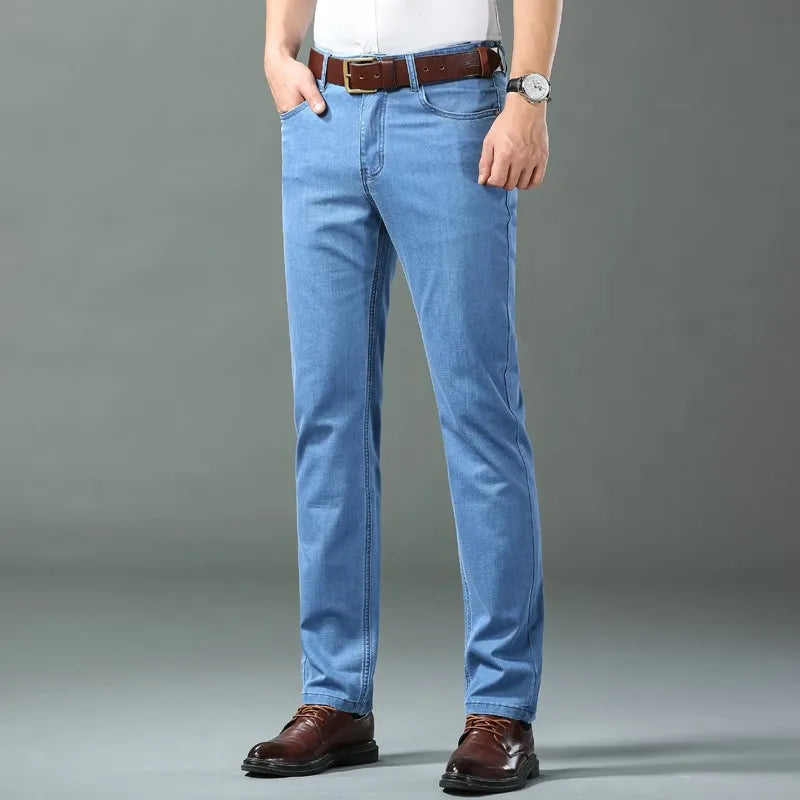 New Ice Silk Thin Denim Jeans For Men Blue Straight Stretch Cotton Pants Business Casual Lightweight Trousers Spring Summer