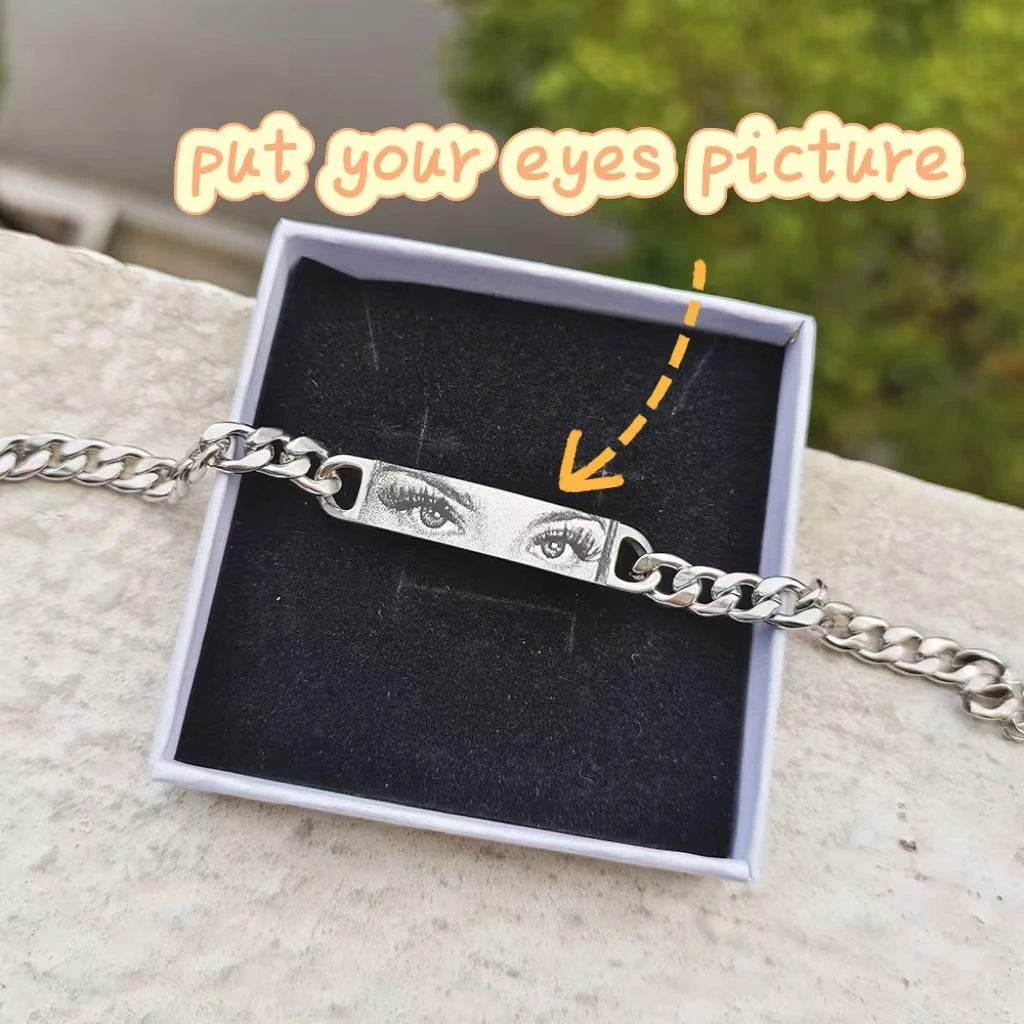 Personalized Eyes Photo Couple Bracelet Customized Picture Bracelet Engravable Picture Stainless Steel Gifts for Family Father