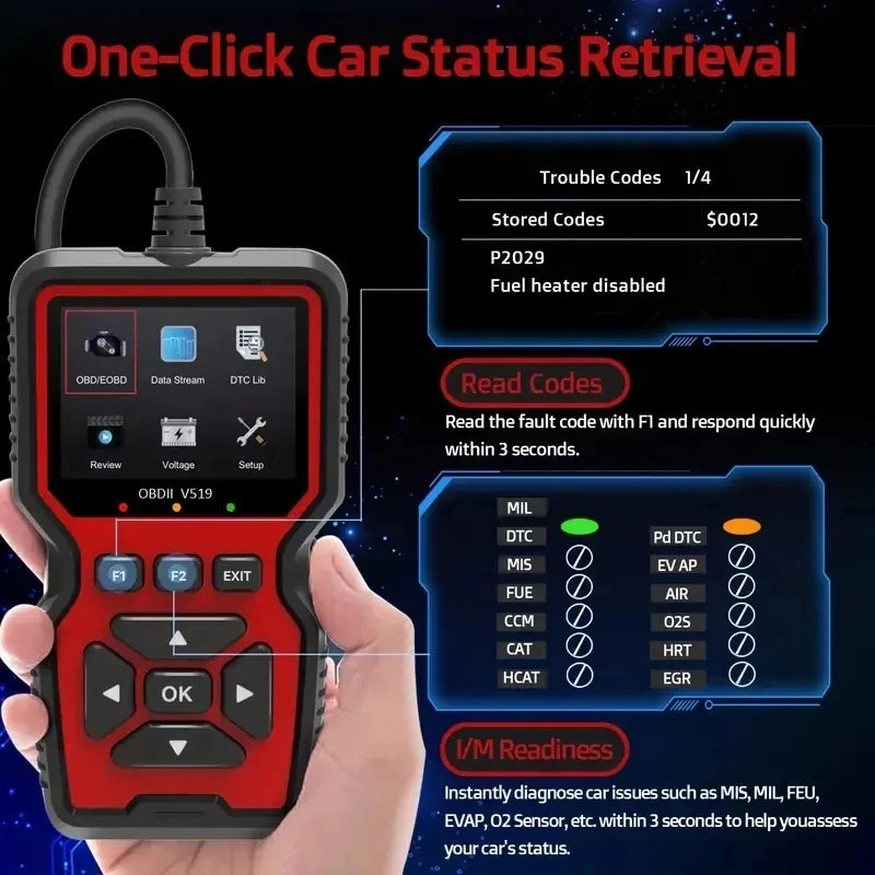 V519 V309 OBD2 Scanner Live Data Professional Mechanic Diagnostic Code Reader Tool Check Engine Light Battery Voltage Testing