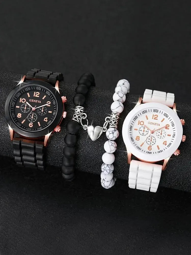 4pcs Fashionable, Minimalist, and Versatile Men AND WOMEN'S Couple Watch Pairing with Love Bead Bracelet Set