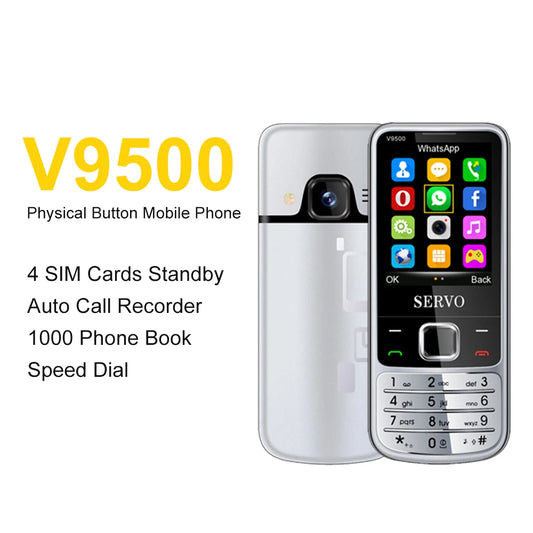 SERVO V9500 Durable Feature Mobile Phone 4 SIM Standby Six Magic Voices 1200mAh FM Radio Call Recording Button Phones Low Prices