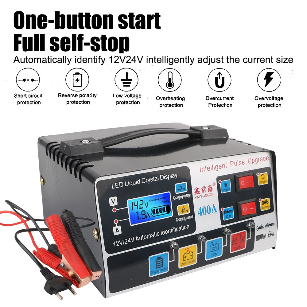 Intelligent Fully Automatic Car Battery Charger LCD Display 12V/24V 220W Pulse Repair High Power EU Plug