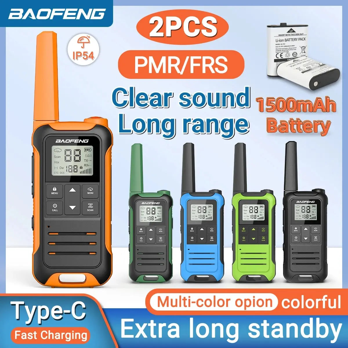 2pcs Baofeng F22 Mini Walkie Talkie PMR FRS Long Range Rechargable Portable Kids Two Way Radio Type-C Charger for Camping Trip