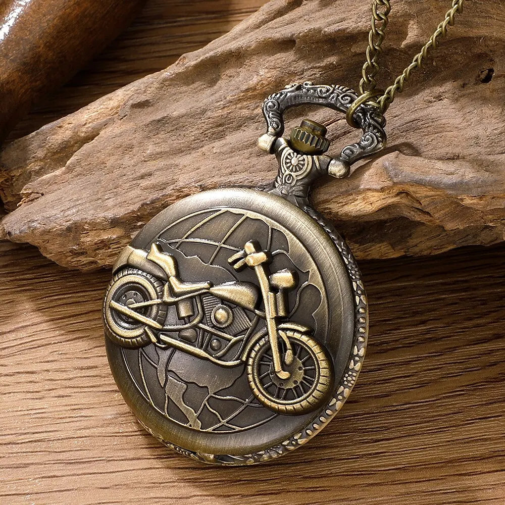 Retro Motorcycle CAR Pattern Quartz Pocket Watch Motorbike MOTO Design Pendant Fob Watch Chain Gifts for Men