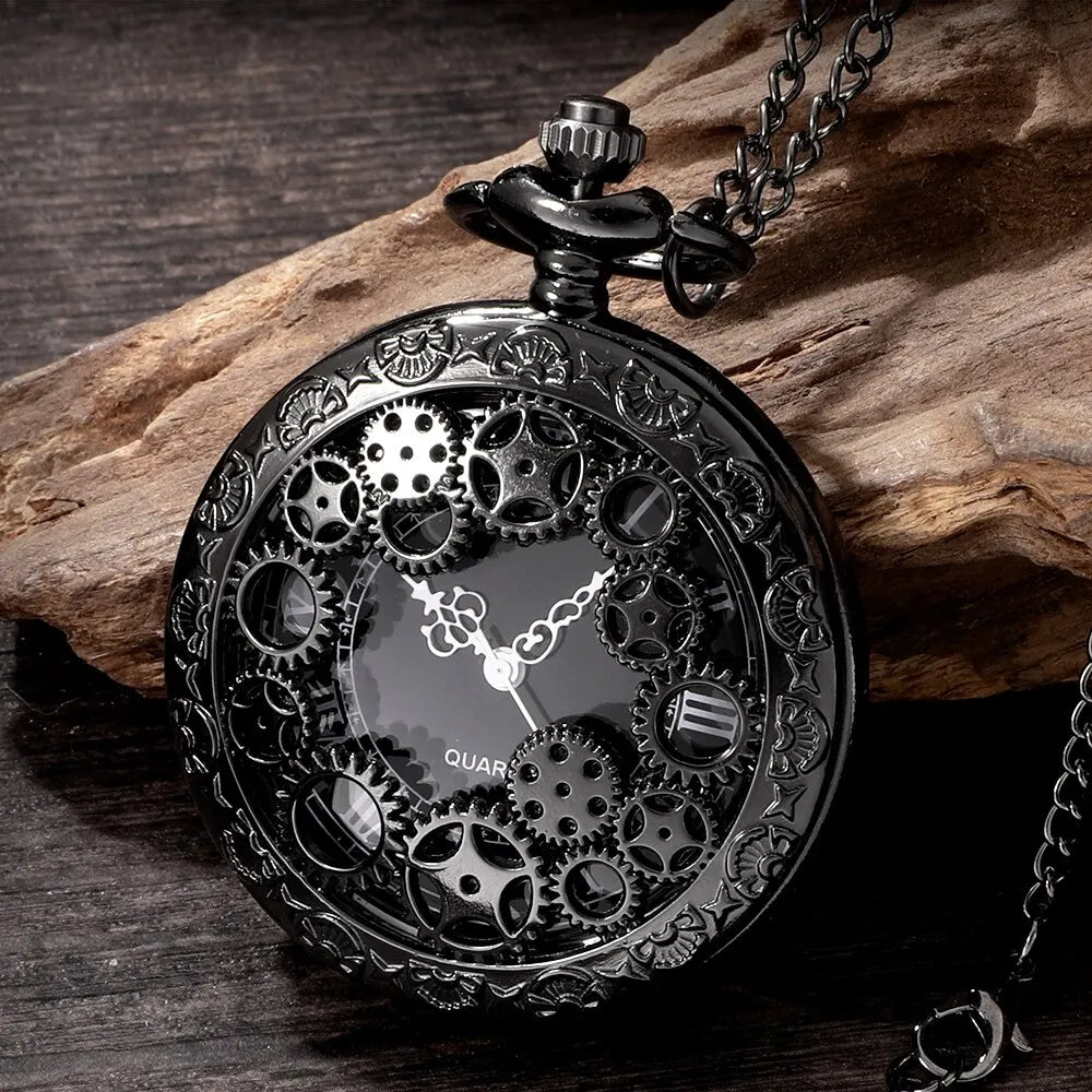 Steampunk Copper Vintage Hollow Gear Hollow Quartz Pocket Watch Necklace Pendant Clock Chain Men Women with Chain Gifts