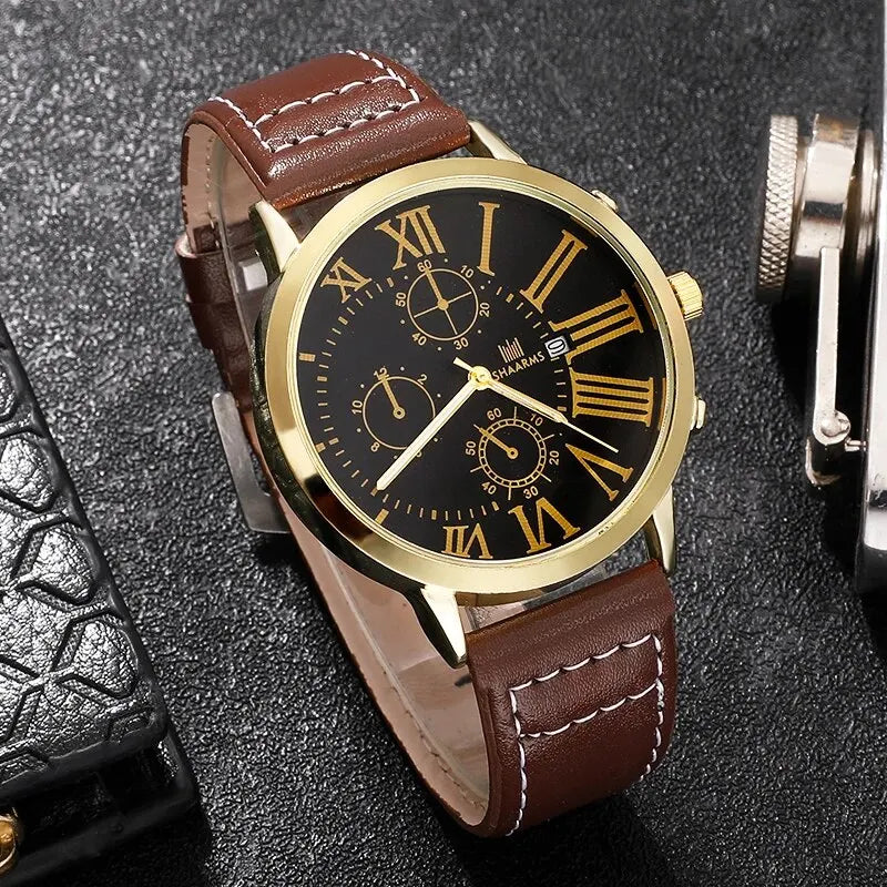 Mens Fashion Watches Round Calendar Big Dial Luxury Business Watches for Men Leather Strap Sports Watch Relogio Masculino