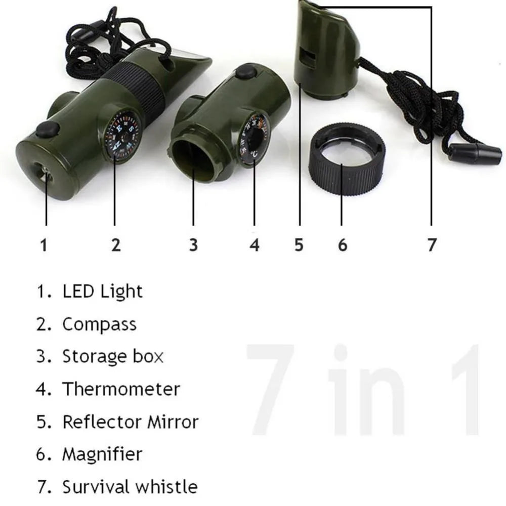 7 in 1 Jungle Survival Whistle Hiking Whistle Compass Mirror Flashlight Magnifier LED Light Thermometer Storage Compass Tool