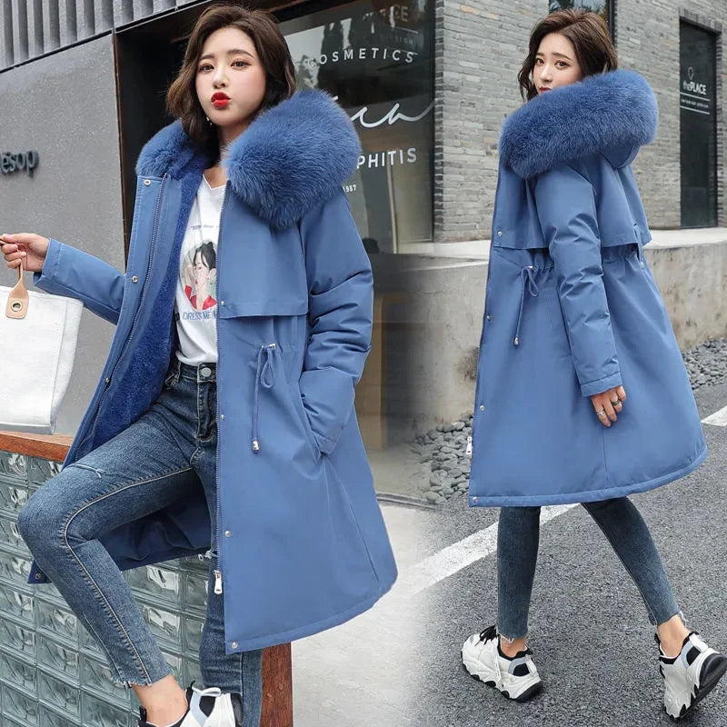 Winter Women Jacket Parka Clothes Loose Long Coat Wool Liner Hooded Jacket Fur Collar Warm Thick Warm Snow Wear Padded Parka