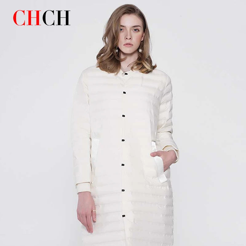 CHCH 2023 New Fashion Luxury Brand Autumn Winter Women Down Jacket Slim Long Coat Female Grid Warm Parkas Outwear Ultra Light