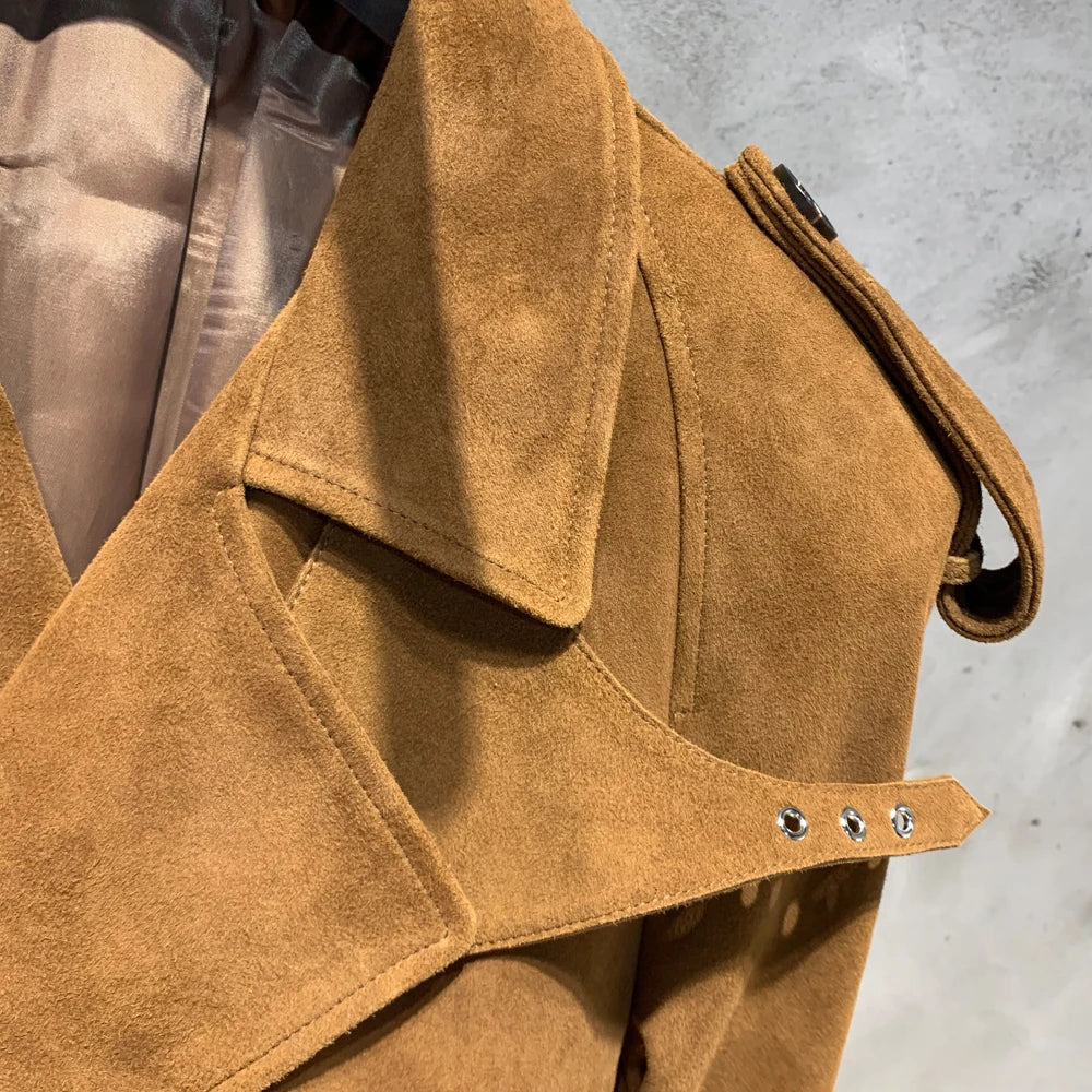 Suede Leather Coats Women Double Breasted Windbreak Natural Lambskin Coat Floor-length Leather Coat Lady Real Sheepskin  23023