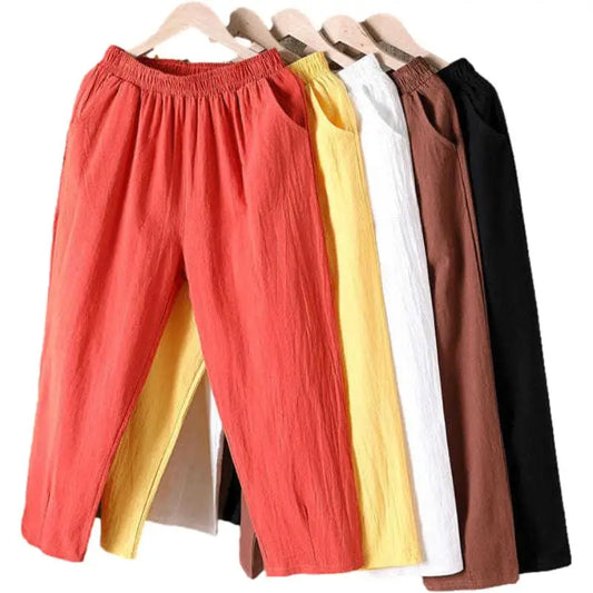 Women Summer Casual Loose Harem Elastic Waist Cotton Linen Pants Ninth Trousers