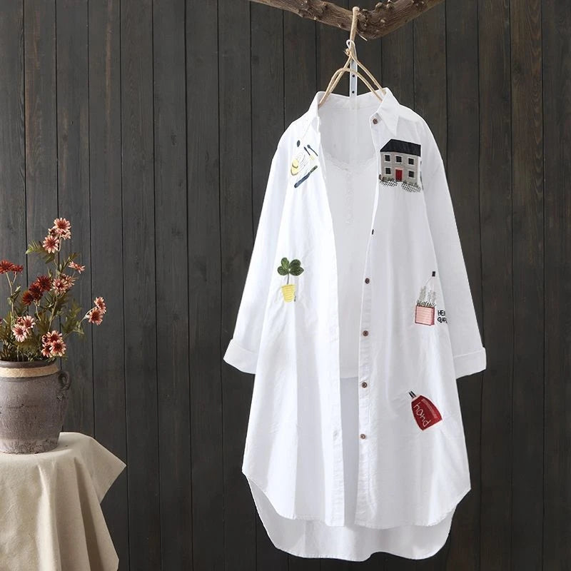 Women Cotton Embroidery Loose Long White Shirts 2023 Spring Autumn New Casual Office Lady Blouse Female Top Loose shirt