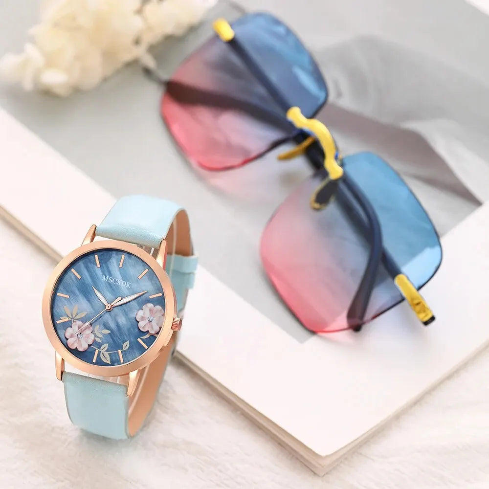 Women Fashion Watch Casual Bracelet Watches Glasses Set Ladies Simple Dial Quartz Wristwatches Dress Clock Montre Femme