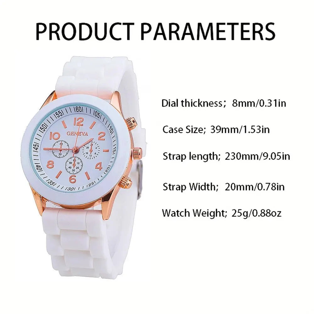 2 Black And White Rubber Straps Circular Dial Quartz Watch And 2 Combination Bracelets Suitable For Daily Life